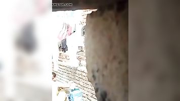 Aunty Bathing Topless in Terrace..